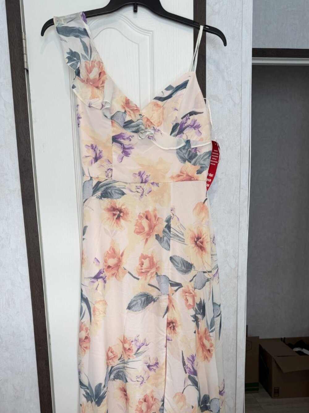 Crystal Doll Floral Chiffon Maxi Dress Ruffle One Shoulder Slit Juniors 7 NWT